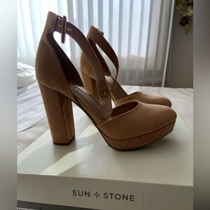 SUN STONE Beige Platform Adjustable Ankle Strap Estrella Round Toe Pumps Shoes